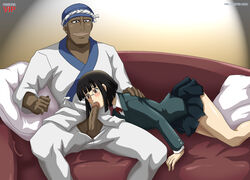 1boy 1girls bbmbbf blush brown_eyes brown_skin clothed dark-skinned_male durarara!! fellatio glasses interracial palcomixvip.com penis school_uniform simon_brezhnev sonohara_anri