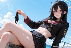 kayoko_(blue_archive) blue_archive ai_generated kermixx 1girl solo long_hair breasts looking_at_viewer blush smile bangs skirt black_hair red_eyes long_sleeves navel holding cleavage hair_between_eyes medium_breasts sitting closed_mouth underwear school_uniform panties jacket ahoge thighs pleated_skirt small_breasts outdoors sky choker day midriff shiny cloud miniskirt black_skirt sailor_collar stomach blue_sky crop_top wet shiny_skin black_panties dutch_angle buttons arm_support black_choker halo piercing crossed_legs ear_piercing wet_clothes bow_panties lens_flare holding_clothes panties_removed contrail holding_underwear holding_panties