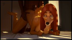 absurd_res animal_genitalia animal_penis anthro bedroom_sex brown_eyes canid canine doggystyle duo equid equine equine_genitalia equine_penis erich_maler eyewear female from_behind_position fur genitals glasses hair hi_res horse illumination_entertainment light male male/female mammal orange_hair penis relaxing sex short_fur sing_(movie) suki_lane teasing window yellow_body yellow_fur