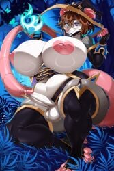 absurd_res american_opossum anthro areola balls big_areola big_breasts breasts brown_hair clothing female_(lore) fire front_view fur genitals gynomorph hair harrower hi_res huge_breasts intersex kefal kneeling legwear magic mammal marsupial multicolored_body multicolored_fur overweight penis piercing purple_eyes solo spellcasting stockings tail thick_thighs trans_(lore) trans_woman_(lore) two_tone_body two_tone_fur witch_costume