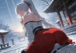 hiyuki_(wuthering_waves) wuthering_waves snow mountain outdoors mature_female miyuai ai_generated ai_assisted thick_thighs thick_ass thick thick_legs thick_hips thick_butt wide_hips wide_thighs voluptuous voluptuous_female curvy curvy_figure curvaceous curvy_female female breasts ass long_hair ponytail japanese_clothes looking_back red_eyes bare_shoulders looking_at_viewer 1girl snowing sitting winter east_asian_architecture tree rating:questionable silver_hair smile hair_ribbon kimono ribbon off_shoulder architecture very_long_hair from_behind blush torii bangs finger_to_mouth choker large_breasts hakama sky