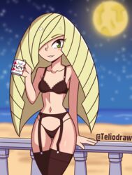 1girls beach blonde blonde_hair bra breasts female female_only garter_belt garter_straps green_eyes hair_over_one_eye holding holding_mug holding_object light-skinned_female light_skin long_hair looking_at_viewer lusamine_(pokemon) mostly_nude mug nintendo ocean outdoors outside panties pokemon pokemon_sm sand small_breasts solo stockings teliodraw thighhighs water