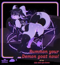 absurd_res advertisement animal_genitalia animal_penis anthro anus backsack balls big_butt bovid butt caprine demon drunkrussianman equine_genitalia equine_penis erection genitals goat hi_res horn imp looking_at_viewer male mammal nude occult_symbol open_mouth penis pentagram smile solo symbol tail text
