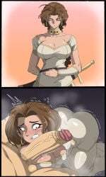the_greatest_estate_developer scheherazade_(the_greatest_estate_developer) serajard_asfahad llyod_frontera 1girls 1boy 2koma brown_hair brown_eyes earrings large_breasts big_breasts sword dress cleavage closed_eyes eyes_closed bow sweat sweating sweatdrop gritted_teeth shocked shocked_expression wide_eyed penis_awe penis_on_face male_pubic_hair imminent_oral big_ass large_ass large_penis big_penis veiny_penis commission commissioner_upload alternate_version_available textless textless_version