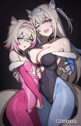 2d 2d_(artwork) 2d_artwork 2girls ;) adult adult_female animal_ear_fluff animal_ears animal_tail arm_around_partner arm_around_torso arm_around_waist belly_button big_breasts black_background black_choker black_collar black_leotard black_topwear blonde blonde-haired_female blonde_female blonde_hair blonde_hair_female blue-eyed_female blue-haired_female blue_eyes blue_fingernails blue_hair blue_hairband blue_legwear blue_nail_polish blue_nails blue_pantyhose breast_cutout breast_press breast_press_on_chest breast_squeeze breasts breasts_press breasts_pressed_against_another breasts_pressed_against_partner breasts_pressed_together busty busty_female busty_girl choker cleavage clothing_cutout collar collarbone cosplay curvaceous curvaceous_body curvaceous_female curvaceous_figure curvaceous_hips curvy curvy_body curvy_female curvy_figure curvy_hips dark_background darkstalkers dayyo_(daydarion/day-chan) digital digital_art digital_drawing digital_drawing_(artwork) digital_media digital_media_(artwork) dog_collar dog_ears dog_girl dog_tail doggirl drawing duo eye_closed eyebrows_visible_through_hair female female_focus female_only fingernails fingers fuwawa_abyssgard groin hair_between_eyes hairband head_tilt hololive hololive_english hourglass_figure inframammary_fold inguinal_crease inguinal_ligament large_breasts lean_figure legwear leotard lilith_aensland lilith_aensland_(cosplay) long_hair looking_at_viewer mature mature_female mococo_abyssgard morrigan_aensland morrigan_aensland_(cosplay) multiple_females multiple_girls nail_polish nails narrow_waist navel nervous nervous_expression nervous_face nervous_female one_eye_closed one_eye_open open_mouth open_mouth_smile pantyhose parted_lips petite petite_body petite_breasts petite_female petite_girl pink-eyed_female pink-haired_female pink_eyes pink_hair pink_hair_female pink_hairband pink_legwear pink_leotard pink_pantyhose pink_topwear posing posing_for_the_viewer pressing_breast_on_partner pressing_breasts pressing_breasts_together pushing_breasts_together pushing_breasts_up rubbing_breasts shiny_breasts shiny_hair shiny_legs shiny_shoulders shiny_skin shiny_thighs short_hair shoulders shy shy_expression shy_female shy_girl sidelocks simple_background sisters slender_body slender_waist slim_female slim_waist small_breasts smile smiley_face smiling smiling_at_viewer squeezing_breast squeezing_breasts squeezing_breasts_together standing thick_thighs thighs tights tilted_head tiny_breasts tongue topwear upper_body virtual_youtuber vtuber vtuberfanart wide_hips wink winking winking_at_viewer winking_eye