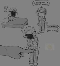 bladder_press blush blushing chibi deltarune embarrassed embarrassed_male grayscale greyscale hearts humiliated humiliation nintendo object_head omorashi piss pissing speech_bubble tenna_(deltarune) text tomodachi_life tomodachi_life:_living_the_dream tv tv_head wetting_self