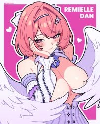1girls 2026 big_breasts blush breasts_out covered_nipples exposed_breasts feathered_wings hoyoverse huge_breasts looking_at_viewer magikflaan pink_eyes pink_hair remielle_dan solo solo_female tagme zenless_zone_zero