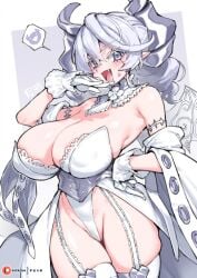 white_hair silver_hair lovely_labrynth_of_the_silver_castle labrynth_of_the_silver_castle yu-gi-oh! konami duel_monster princess queen standing pose twintails pointy_ears sweatdrop alternate_version_available safe smile open_mouth laugh fangs gloves corset large_breasts necklace fuya_(tempupupu) fuyafuyu looking_at_viewer hand_on_hip curvy vulva underwear white_panties armored_female armor hi_res solo female_only 1girls