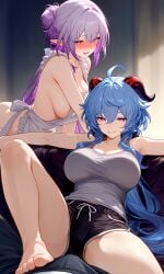 ganyu_(genshin_impact) castorice_(honkai:_star_rail) honkai:_star_rail genshin_impact 2girls 2girls1boy pov pov_male pov_crotch foot_fetish bulge bulge_through_clothing smirk smirking smirking_at_viewer milf milfs tank_top dolphin_shorts apron apron_only sideboob bun_hair ai_generated impacter
