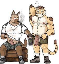 after2 anthro blush canid canine canis cigarette clothed clothing clothing_lift domestic_dog duo felid genitals humanoid_genitalia humanoid_penis male male/male male_only mammal monster_energy pantherine penis shirt shirt_lift smoking topless topwear