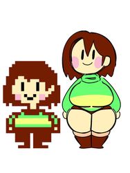 1girls 2021 2d big_breasts black_eyes blush blushing boots brown_hair chara chara_(mochikirb_style) female female_only flat_colors green_shirt green_sweater human human_female human_only mob_face mochikirb pixel_art rosy_cheeks short_hair short_shorts shortstack smiley_face solo striped_sweater stripes sweater undertale undertale_(series) white_background