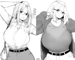 1girl before_and_after breast_expansion breast_growth breasts breasts_bigger_than_head bursting_breasts clothes curvy expansion gigantic_breasts glasses growth highres huge_breasts inne_sulistya_robin large_breasts norman_maggot original see-through_clothes simple_background third-party_edit weight_gain white_background