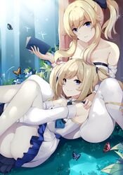 2girls barbara_(genshin_impact) bare_shoulders book boots bow breasts bug butterfly cleavage detached_sleeves dress drill_hair female flower genshin_impact grass hairbow half-closed_eyes hand_on_another's_shoulder heel_boots high_heel_boots highres hisa09 holding holding_book insects jean_gunnhildr long_sleeves multiple_girls nun pants pantyhose siblings sisters sitting sitting_on_lap sitting_on_person smile spread_legs twin_drills twintails white_dress white_legwear white_pants