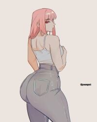 1girls apple_butt ass baby_blue_clothing back_view baggy_clothing big_ass grey_jeans clothed clothed_female clothing content dat_ass female footwear full_body fully_clothed fully_clothed_female gluteal_fold highleg highleg_jeans highleg_pants hololive hololive_english hololive_myth huge_ass jeans legs light-skinned_female light_skin limited_color limited_palette long_ass looking_at_viewer looking_back looking_to_the_side mori_calliope narrowed_eyes pink_clothing pink_hair pink_hoodie plain_background png pomuya rear_view red_eyes solid_color_background solo tank_top thick_thighs thick_ass thighs tight_clothes tight_clothing tight_jeans viewed_from_behind virtual_youtuber vtuber watermark