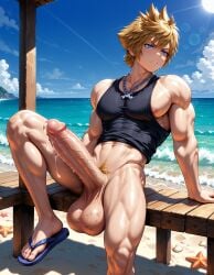 1boy 1male abs aged_up ai_generated angry annoyed attractive balls bara beach beautiful beautiful_male big_balls big_penis big_testicles black_tank_top blonde_hair blue_eyes blue_sandals civitai clothes cruffsant461 cum cute cute_male cutie day daytime detailed_background ejaculation erection gorgeous handsome handsome_man hot hot_as_fuck kingdom_hearts looking_angry looking_annoyed male male_focus male_only muscle muscles muscular muscular_arms muscular_legs muscular_male navel necklace nipples ocean outdoors pecs penis perfect_body pubic_hair roxas sand sandals sea sexy sexy_body sexy_male shiny_skin shoes short_hair silver_necklace sitting sky slim slim_body slim_male solo sun sweat sweating sweaty sweaty_balls sweaty_body tank_top testicles veins veiny_penis water