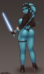 1girls aayla_secura absurd_res artist_name ass blue_skin breasts female female_only green_eyes hi_res high_heels large_breasts lightsaber looking_back no_pants shadowboxer sideboob solo star_wars thighs twi'lek wide_hips