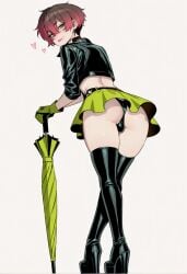 1boy ai_generated ass ass_focus bikini bikini_top black_bikini black_choker black_jacket boots brown_eyes brown_hair bulge closed_umbrella cropped_jacket cross_earrings crossdressing crossed_legs cute_face earrings eyeliner femboy femboy_focus feminization from_behind full_body gloves gradient_eyes gradient_hair hair_between_eyes heart_choker heart_o-ring high_heel_boots high_heels highres indie_virtual_youtuber indie_vtuber jacket jewelry kind_guy_sayoru knee_boots leather_jacket light-skinned_male light_skin lime_green_eyeliner lime_green_gloves lime_green_panties lime_green_skirt lime_green_sleeves lime_green_umbrella lips lipstick looking_at_viewer looking_back makeup male_focus miniskirt multicolored_hair o-ring_choker open_jacket panties petite petite_femboy pink_hair pink_lips planted platform_boots platform_heels race_queen rear_view red_hair seductive_pose seductive_smile self_upload sexy_pose short_hair short_sleeves simple_background single_earring skirt small_penis small_testicles solo standing thighhighs thighs thong thong_bikini two-tone_umbrella umbrella virtual_youtuber white_background yellow_eyes