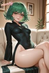 tatsumaki one-punch_man 1girl green_eyes breasts green_hair dress solo crossed_legs sitting smile looking_at_viewer covered_navel short_hair couch thighs black_dress small_breasts indoors plant curly_hair long_sleeves artist_name lips closed_mouth arm_support on_couch window legs bare_legs highleg side_slit leotard eyelashes petite medium_breasts feet_out_of_frame blurry blush leaning_back highleg_leotard collared_dress potted_plant pelvic_curtain thick_thighs picture_frame green_dress blurry_background levitation 3d reference_inset heart signature hair_between_eyes messy_hair drawing_(object) no_panties light_particles mionety ai_generated