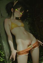 kishuku_gakkou_no_juliet kochou_wang yellow_panties yellow_bikini_top shorts shorts_down belly_button posing_for_the_viewer leaning_against_wall smiling_at_viewer open_mouth green_eyes black_hair twintails small_breasts smaller_female thighs standing ai_generated liltigerx panties_down undressing showing_pussy detailed_pussy tilted_head wet_pussy wet_body