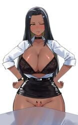 1girl absurdres black_bra black_hair black_skirt bra breasts cleavage commentary dark-skinned_female dark_skin do_you_want_to_pet_my_cat_(meme) english_commentary hands_on_own_hips highres kyu-9mann large_breasts long_hair meme one_eye_closed original parted_lips pencil_skirt pink_lips pussy skirt solo sweat underwear white_background yellow_eyes