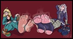 blarf022 blush breasts dorohedoro female foot_fetish foot_focus musk musky_feet noi_(dorohedoro) shoes_removed smell smelly smelly_feet sneakers stink_fumes stirrup_legwear white_hair feet_fetish feet_focus feet female_only female_focus nikaidou_(dorohedoro)