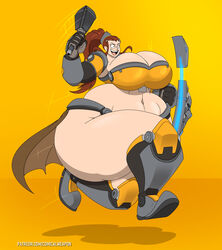 1girls 2d armor ass belly big_belly bikini breasts brigitte brown_eyes brown_hair comical_weapon female huge_ass huge_breasts mace matching_hair/eyes overwatch ponytail running shield thick_thighs thighs thunder_thighs transformation weapon