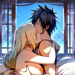 1boy1girl ai_generated anime anime_boy anime_girl beautiful_girl bed bed_covers bimbo black_sleeveless_shirt busty_female crossover crossover_couple curtains_open curvy_figure dreson earring embracing fairy_tail fairy_tail_100_years_quest fantasy gray_fullbuster gray_kiss_ino hair_tie handsome heaven heavenly_face hugging ino_yamanaka kissing_neck kunoichi large_breasts long_hair_female midnight nai_diffusion naruto_(series) naruto_shippuden nipples nude_female_clothed_male sexy spiky_hair upper_body window