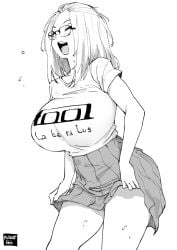 1girl artist_name band_shirt bangs_pinned_back bare_arms blush breasts closed_eyes clothes_lift cowboy_shot curvy glasses greyscale group_name happy highres holding_own_skirt inne_sulistya_robin large_breasts leaning_forward lifting_own_clothes long_hair merchandise miniskirt monochrome norman_maggot original pleated_skirt shirt simple_background skirt skirt_lift smile solo standing sweat t-shirt tool_(band) white_background