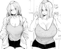 1girl before_and_after breast_expansion breast_growth breasts breasts_bigger_than_head bursting_breasts cleavage curvy expansion gigantic_breasts growth highres huge_breasts inne_sulistya_robin large_breasts norman_maggot original third-party_edit torn_clothes weight_gain