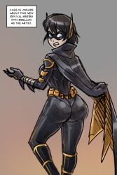 cassandra_cain brellom dc_comics orphan_(dc) batman_(series) 2010s 2018 batgirl batgirl_(cassandra_cain) light-skinned_girl female blue_eyes superheroine leather leather_clothing eye_mask masked_female superhero_costume skin_tight short_hair black_hair cape utility_belt looking_back angry lipstick presenting_hindquarters big_ass artist_signature gradient_background text text_box english_text
