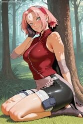 savvyraexo ai_generated patreon seductive sexy uncensored watermark hi_res high_quality high_resolution sakura_haruno naruto_(series) haruno_sakura 1girl bandages bandaged_leg pink_hair sitting solo tree short_hair smile breasts grass bike_shorts gloves forehead_protector looking_at_viewer green_eyes sleeveless open_toe_shoes medium_breasts konohagakure_symbol facial_mark black_gloves nature forest barefoot sleeveless_jacket blush toeless_boots