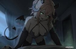 1girls 1girl brown_hair brown-haired_female green_eyes green-eyed_female tilted_head head_tilt smile smiling smiley_face lips lipstick black_lips black_lipstick indoor indoors indoor_nudity busty busty_female busty_girl adult adult_female mature_female mature large_breasts large_boobs big_breasts big_boobs nipple_bulge hanging-breasts dangling_breasts demon_girl demon_horns demon_tail demon_wings demon_humanoid dayyo_(daydarion/day-chan) arm_support window nimi_nightmare vtuber virtual_youtuber youtuber youtuber_girl vtuberfanart indie_virtual_youtuber indie_vtuber independent_vtuber