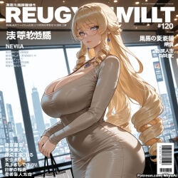 navia_(genshin_impact) genshin_impact plump mature_female miyuai ai_generated ai_assisted thick_thighs thick_ass thick thick_legs thick_hips thick_butt wide_hips wide_thighs voluptuous voluptuous_female curvy curvy_figure curvaceous curvy_female female breasts blonde_hair 1girl jewelry long_hair earrings blue_eyes glasses magazine_cover drill_hair cleavage necklace huge_breasts bangs solo blush rating:safe covered_navel looking_at_viewer ringlets fake_cover smile barcode sidelocks eyebrows_visible_through_hair stats see-through very_long_hair long_sleeves dress character_profile