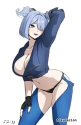 1girl 1girls adult adult_female angel_(kof)_(cosplay) arm_behind_head arms_behind_head big_boobs big_breasts black_panties black_thong black_underwear blue-eyed_female blue-haired_female blue_eyes blue_fingernails blue_hair blue_legwear blue_nail_polish blue_nails blue_stockings blue_thigh_highs blue_thighhighs busty busty_female busty_girl dayyo_(daydarion/day-chan) elira_pendora eyebrows_hidden_by_hair fingernails hair_covering_eye hair_over_eye hair_over_one_eye hand_behind_head hand_on_leg hand_on_own_leg hand_on_own_thigh hand_on_thigh hands_behind_head head_tilt inguinal_crease inguinal_ligament large_boobs large_breasts legwear mature mature_female medium_hair nail_polish nails nijisanji nijisanji_en open_mouth open_mouth_smile panties parted_lips posing posing_for_the_viewer smile smiley_face smiling stockings thigh_highs thighhighs thong tilted_head tongue touching_leg touching_thigh underwear upper_teeth virtual_youtuber vtuber vtuberfanart white_background youtuber youtuber_girl
