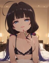 lingerie hotel_room mirror lipstick makeup slutty_female slutty_body flat_chest focus_on_chest bedroom temptation tempting_viewer slim_female skinny_female petite_female sexy ai_generated hinatsuru_ai blue_eyes brown_hair twintails