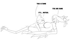 amputee angry anthro anthro_on_anthro big_breasts blush breasts dialogue disability duo feathered_wings feathers featureless_breasts felid female gojo_skull goumang_(nine_sols) hi_res imminent_sex larger_female line_art male male/female mammal nine_sols red_candle_games size_difference smaller_male wings yi_(nine_sols)