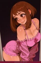uraraka_ochako breasts 1girl brown_hair cleavage solo brown_eyes large_breasts smile blush short_hair nightgown ai_generated ai_assisted ai bebora boku_no_hero_academia