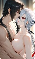 1boy 1girl ai_generated arlecchino_(genshin_impact) big_breasts black_hair crossover face_to_face fatui genshin_impact intimate male/female naked naked_female naruto naruto_(series) naruto_shippuden red_eyes sharingan uchiha_itachi white_and_black_hair x_eyes