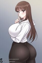 1female 1girl 1girls 2026 ai_generated arm_under_breasts artist_name ass bangs big_ass big_breasts blush breasts brown_eyes brown_hair curvy from_behind gradient gradient_background hi_res high_quality high_resolution highres hood hood_down hoodie huge_ass huge_breasts large_breasts lee_heaun long_hair long_sleeves looking_at_viewer looking_back manhwa paag pants patreon patreon_username questionable secret_siblings solo thick_thighs thighs unjobdespiert watermark webtoon white_hoodie