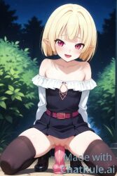 1girls ai_generated bare_shoulders belt blunt_bangs breasts bush cleavage collarbone detached_sleeves dildo dildo_riding dress female full_body gasper_vladi highschool huge_dildo imminent_penetration lipstick long_sleeves looking_at_viewer makeup medium_breasts night no_panties off-shoulder_dress outdoors pleated_dress pussy sex_toy shoes smile solo spread_legs strapless strapless_dress tagme thighhighs video