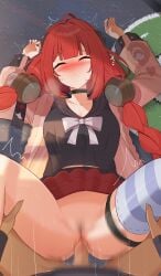 1boy 1girl absurdres arms_up black_sailor_collar black_serafuku black_shirt blush braid braided_twintails cardigan censored chest_bow closed_eyes closed_mouth commentary_request erection hair_ornament hearing_aid hetero highres kirisame_oreo long_hair lying missionary mosaic_censoring on_back paid_reward_available penis pink_cardigan pussy red_hair sailor_collar school_uniform serafuku shirt single_thighhigh sphere_hair_ornament striped_clothes striped_thighhighs thighhighs ukinami_yuzuha vaginal zenless_zone_zero