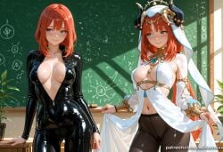 nilou_(genshin_impact) ai_generated kermixx gensin_impact long_hair breasts blush smile bangs blue_eyes multiple_girls long_sleeves navel 2girls jewelry medium_breasts closed_mouth pantyhose red_hair detached_sleeves horns indoors bodysuit ass_visible_through_thighs flying_sweatdrops revealing_clothes veil breasts_apart zipper shiny_clothes center_opening black_bodysuit fake_horns chalkboard harem_outfit