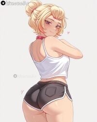 1girl solo looking_at_viewer smile blush simple_background white_background blonde_hair closed_mouth red_eyes multicolored_hair heart cowboy_shot ass shorts choker artist_name pink_eyes looking_back from_behind short_shorts black_shorts tank_top ass_focus huge_ass white_tank_top dolphin_shorts red_collar seductive_smile bangs_pinned_back bouncing_ass charlie_(brawl_stars) kimonobs supercell tagme ai_generated brawl_stars back_view