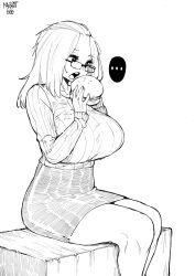1girl artist_name bangs_pinned_back black-framed_eyewear box breasts burger curvy eating folded_hair food glasses greyscale hair_pulled_back high-waist_skirt highres huge_breasts inne_sulistya_robin miniskirt monochrome norman_maggot open_mouth original ribbed_sweater sitting skirt sweater thighs white_background