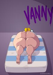 vanessa_(fnaf) five_nights_at_freddy's five_nights_at_freddy's:_security_breach blonde_hair ponytail on_stomach huge_ass ass 1girls female_only solo female solo_female full_body nude completely_nude_female completely_nude naked_female nude_female naked barefoot phone on_phone computer holding holding_phone artidemonboy