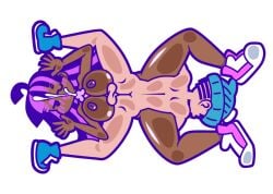 1boy 1boy1girl 1girl 1girls 69 69_position ass_grab beanie blue_hair cum_between_breasts dark-skinned_female dark_skin ejaculation female_ejaculation light-skinned_male minus8 naked naked_footwear nude paizuri pussy pussy_ejaculation pussy_juice sex shoes straight