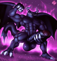 2021 abs anthro balls big_penis black_body claws digital_media_(artwork) dragaux dragon genitals hi_res horn huge_cock klent male muscular muscular_anthro muscular_male nintendo penis ring_fit_adventure solo video_games wings