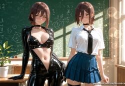 reze_(chainsaw_man) chainsaw_man ai_generated kermixx 1girl breasts looking_at_viewer blush smile bangs multiple_girls skirt brown_hair shirt navel 2girls cleavage hair_between_eyes medium_breasts closed_mouth school_uniform green_eyes standing collarbone white_shirt short_sleeves cowboy_shot pleated_skirt necktie choker shiny collared_shirt indoors miniskirt stomach hair_bun blue_skirt bodysuit thigh_strap ass_visible_through_thighs black_choker flying_sweatdrops single_hair_bun plant black_necktie desk dual_persona zipper center_opening black_bodysuit classroom chalkboard latex