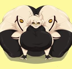 abstract_background all_fours antennae_(anatomy) anthro arthropod belly big_belly big_breasts big_butt black_clothing black_sclera breasts butt cleavage clothed clothing delirium_(the_binding_of_isaac) elpegakito eyebrows eyelashes eyewear female fingerless_gloves full-length_portrait glasses gloves hair handwear hi_res huge_belly huge_breasts huge_butt hyper hyper_belly hyper_breasts hyper_butt insect insect_wings legwear lepidopteran lepidopteran_wings moth nov_(noveuxa) one-piece_swimsuit portrait round_glasses shadow sharp_teeth simple_background smile smiling_at_viewer solo sweater swimwear teeth the_binding_of_isaac_(series) thick_thighs thigh_highs topwear turtleneck white_body white_hair white_skin wide_hips wings yellow_background yellow_eyes