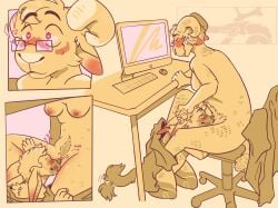 anthro bodily_fluids body_hair bovid canid canine canis caprine comic drooling duo female genitals hair happy_trail hi_res jackal mammal pulling_hair saliva sheep touching_hair under_table vulva yuzu_fruit